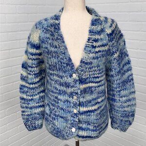 Mantessa Cardigan Womens Large Blue White Stripe Button Wool Nylon Italy VTG‎